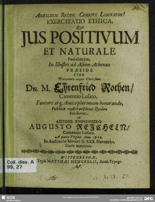 Exercitatio Ethica, Qua Ius Positivum Et Naturale Potissimum
