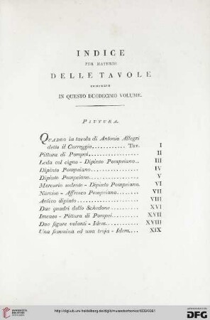 Indice per materie delle tavole coprese in questo duodecimo volume