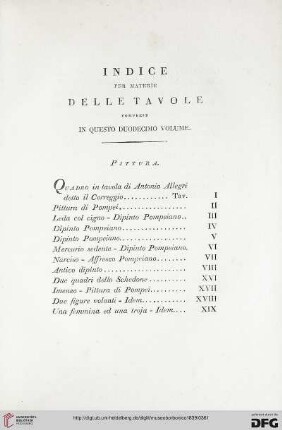 Indice per materie delle tavole coprese in questo duodecimo volume