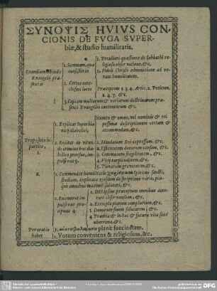 Synopsis Huius Concionis De Fuga Superbiae, & studio humilitatis