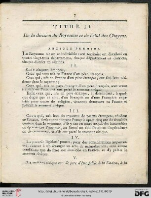 Titre II: De la division du Royaume et de l'état des Citoyens