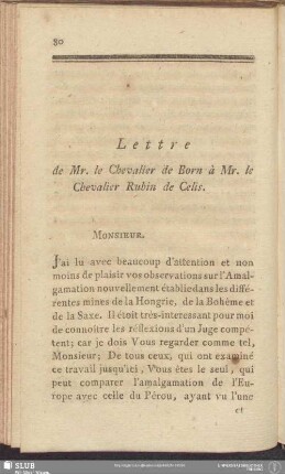 Lettre de Mr. le Chevalier de Born à Mr. le Chevalier Rubin de Celis