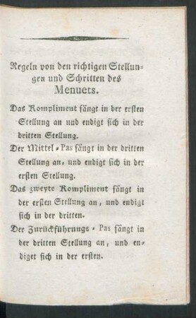Regeln von den richtigen Stellungen und Schritten des Menuets