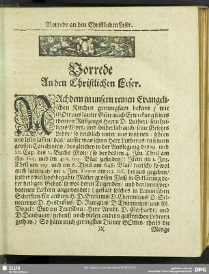 Vorrede An den Christlichen Leser