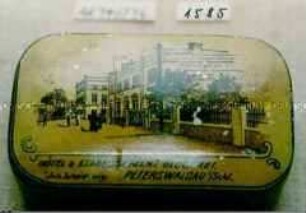 Automaten-Blechdose "HOTEL UND ETABLISSEMENT GLOGEREI Inh. Scheidewig. PETERSWALDAU i/Schl."