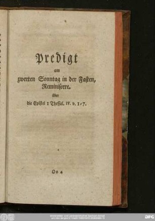 Predigt am zweeten Sonntag in der Fasten, Reminiscere. über die Epistel 1 Thessal. IV. v. 1 - 7.