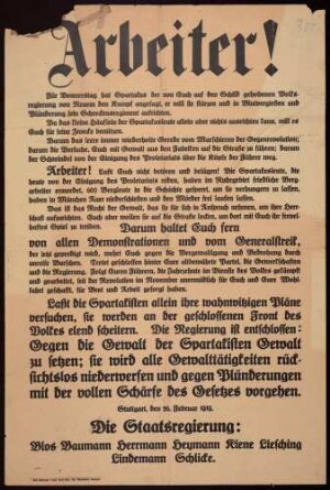 "Arbeiter!" Warnung der Stuttgarter Staatsregierung vor dem Spartakusbund
