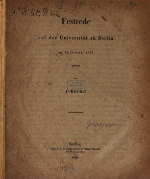 Festrede auf der Universität zu Berlin : am 15. October 1857 gehalten