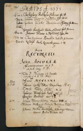 Sommerhalbjahr 1671. Rektorat Johann Andreas Frommann