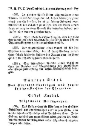 Fünfter Titel. Von Heyraths-Verträgen und gegenseitigen Rechten der Ehegatten.