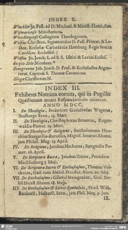 Index III. Fxhibens Nomina eorum qui in Pugillis Quaestionum munia Respondentium obierunt. Anno M D C C