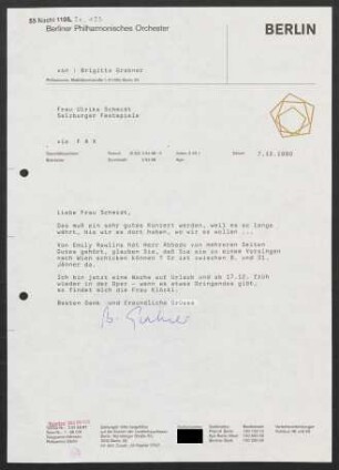Brief an Ulrike Schmidt an Salzburger Festspiele, 07.12.1990