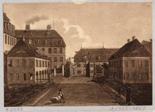 Blatt 35 aus "Dresdens Festungswerke im Jahre 1811" vor der Demolierung: Das äußere Seetor von der Brücke nach Süden mit Barriere, links Wachhaus, rechts Accishaus, dahinter die Vorstadt