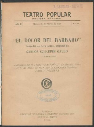 2.1920=Nr. 20: El dolor del bárbaro : tragedia en tres actos