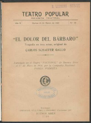 2.1920=Nr. 20: El dolor del bárbaro : tragedia en tres actos