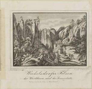 Der Felsen Wartthurm und die Sennerhütte in der Adersbach-Weckelsdorfer Felsenstadt (Adršpašsko-Teplické skály) im nordöstlichen Teil Böhmens, aus dem Sammelwerk Beschreibung vom Felsenthal bei Weckelsdorf