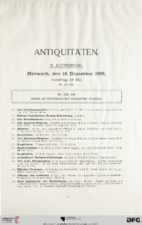 II. Auctionstag: Mittwoch, den 16. Dezember 19098, vormittags 10 Uhr. Antiquitäten (Nr. 263-342)