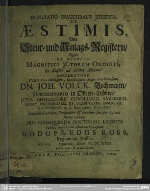 Disputatio Inauguralis Iuridica, De Aestimis, Von Steur- und Anlags-Registern
