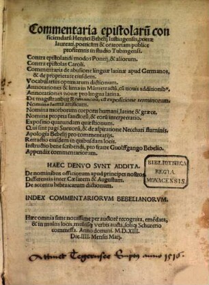 Commentaria epistolaru[m] conficiendaru[m] Henrici Bebelij Iustingensis ...