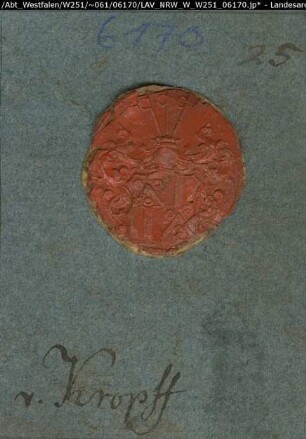Siegler: Kropff Überlieferungsart: Abdruck. Stoff: Lack Farbe: rot Form: oval. Durchmesser: 23 mm
