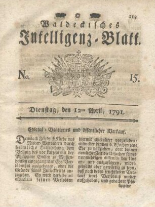 No. 15, Dienstag, den 12ten April, 1791