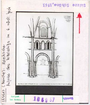 Lessay: Ehemalige Abteikirche, Aufriss des Mittelschiffs im 6. nördlichen Joch, Skizze Wolfgang Schöne 1963