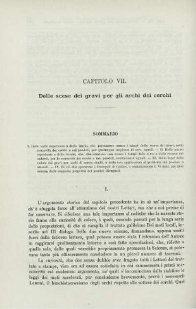 Capitolo VII - X. Delle scese dei gravi gli archi dei cerchi. Delle resistenze dei solidi. De' proietti. Conclusione di questa prima parte.