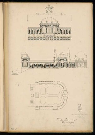 Gartenhof in einem fürstlichen Palast Monatskonkurrenz Dezember 1903: Lageplan mit Grundriss 1:300; Aufriss Hofinnenansicht, Längsschnitt mit Innenansicht eines Seitenflügels 1:150; 2 Maßstabsleisten