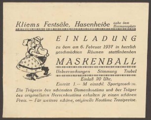 Einladungskarte "Maskenball" in Kliems Festsälen, Hasenheide 13-15