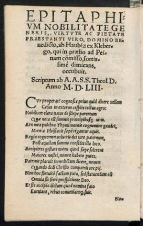 Epitaphium ... Domino Benedicto, ab Haubiz ex Klebergo ...