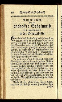 Anmerkungen über das entdeckte Geheimniß des Roonhuisens in der Geburtshülfe.