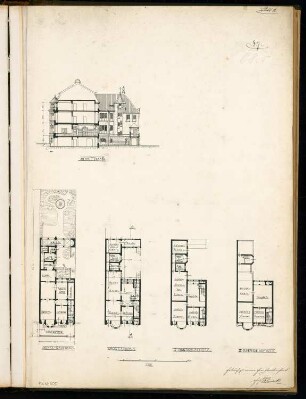 Einfamilienhaus Monatskonkurrenz Dezember 1898: Grundriss Sockelgeschoss, Erdgeschoss (Hochparterre), 1. und 2. Obergeschoss, Längsschnitt; Maßstabsleiste