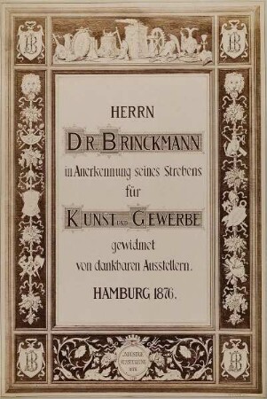 Urkunde für Justus Brinckmann, Industrie Ausstellung, Hamburg 1876