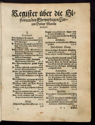 Register über die Historien des Ehrwirdigen Herren Doctor Martin Luthers.