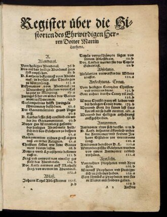 Register über die Historien des Ehrwirdigen Herren Doctor Martin Luthers.