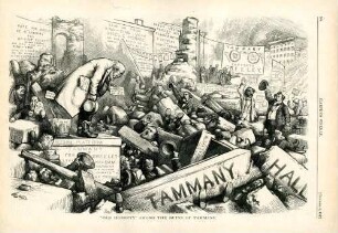 "Old Honesty" among the ruins of Tammany : Greeley hält in der eingestürzten Tammany Hall eine Wahlveranstaltung ab