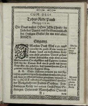 Todes-Rede Pauli; Eingang; Textus; Exordium; Votum; Elaboraio; Gebet.