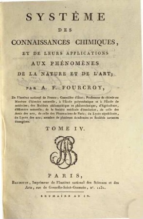 Système des connaissances chimiques, et de leurs applications aux phénomènes de la nature et de l'art, 4