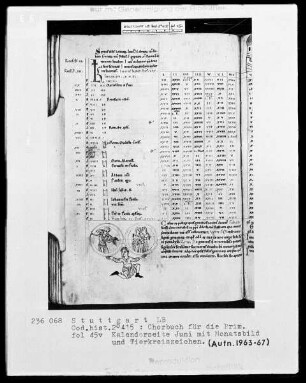 Chorbuch für die Prim — Kalenderseite Juni mit Monatsbild und Tierkreiszeichen, Folio 45verso