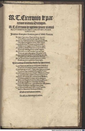 M. T. Ciceronis de partitione oratoria Dialogus