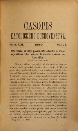 Časopis katolického duchovenstva : = Ephemerides theologicae cleri catholici Bohemici = Revue du clergé catholique. 31. 1890