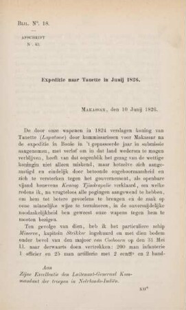 Bijl. No. 18. Afschrift No. 43. Expedetie naar Tanette in Junij 1826