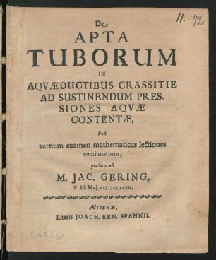 De Apta Tuborum In Aqvæductibus Crassitie Ad Sustinendum Pressiones Aqvæ Contentæ