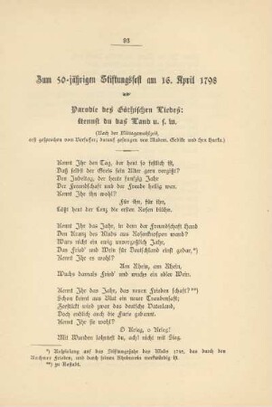 Zum 50-jährigen Stiftungsfest am 16. April 1798. Parodie des Göthischen Liedes: Kennst du das Land u.s.w.