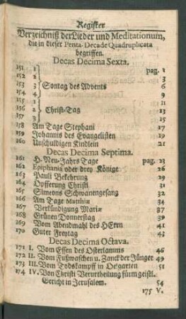 Verzeichniß der Lieder und Meditationum, die in dieser Penta-Decade Quadruplicata begriffen.