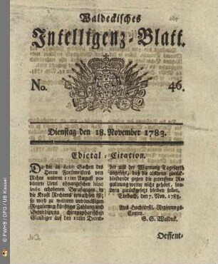 No. 46, Dienstag den 18. November 1783