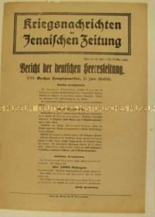 Nachrichtenblatt der "Jenaischen Zeitung" zum Kriegsverlauf im Westen und Osten