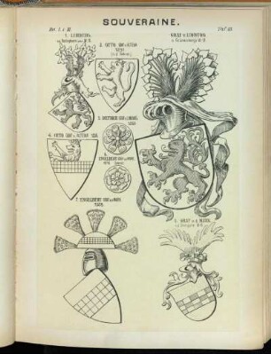 Taf. 48. 1. Limburg. n.d. Redinghoven'schen W.-B. - 2. Graf v. Limburg. n. Grünenberg's W.-B. - 3. Otto Graf v. Altena 1251. (n.d. Sekret.) - 4. Otto Graf v. Altena 1256. - 5. Dietrich Graf v. Limburg. 1269 - 6. Engelbert Graf v.d. Mark. 1216 Sekret. - Engelbert Graf zur Mark 1328. - 8. Graf v.d. Mark. n.d. Stuttgarter W.-B.