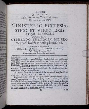 Aphorismorum Theologicorum Disputatio XIII. De Ministerio Ecclesiastico Et Verbo Legis Atque Evangelii