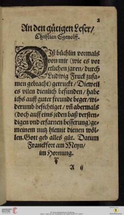 An den guetigen Leser / Christian Egenolff